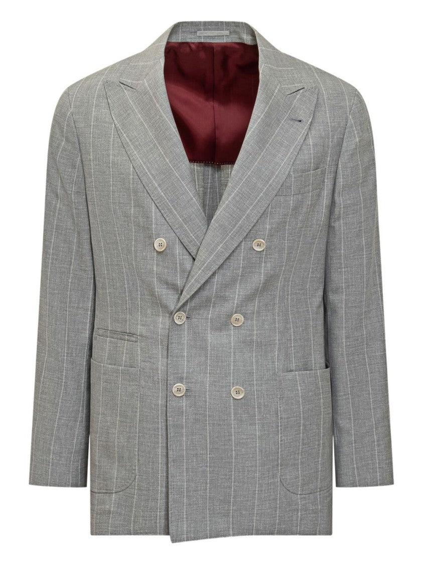 Brunello Cucinelli Double-Breasted Grey Blazer With Pinstripe Pattern