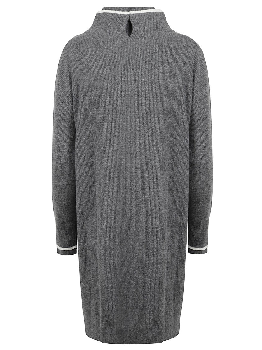 Brunello Cucinelli Grey Ribbed Knit Dress With High Neck