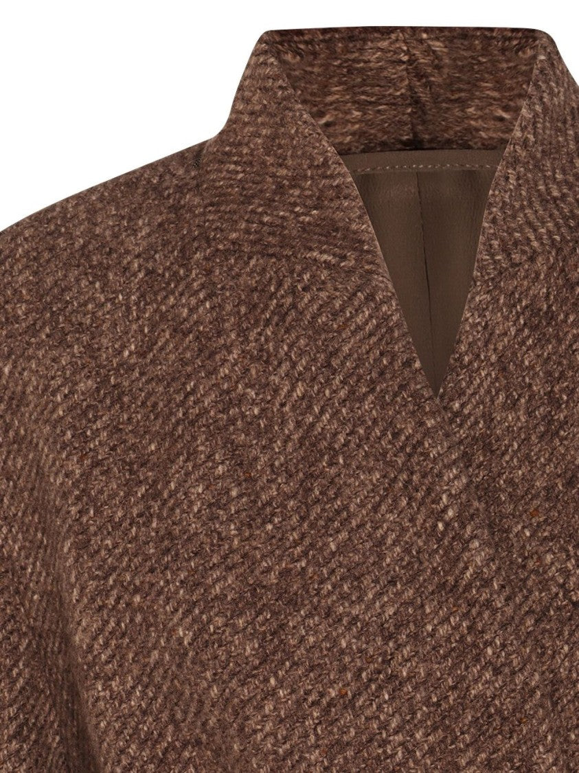 Brunello Cucinelli Textured Brown Long Coat With Wrap-Style Front