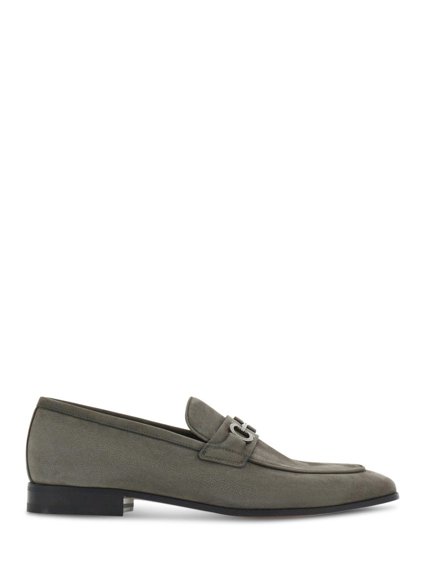 Ferragamo Grey Suede Flat Shoes With Decorative Metal Detail