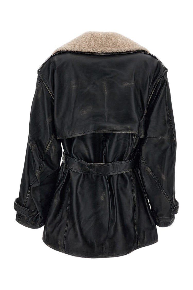 Halfboy Biker Leather Shearling Collar Aviator Trench Coat