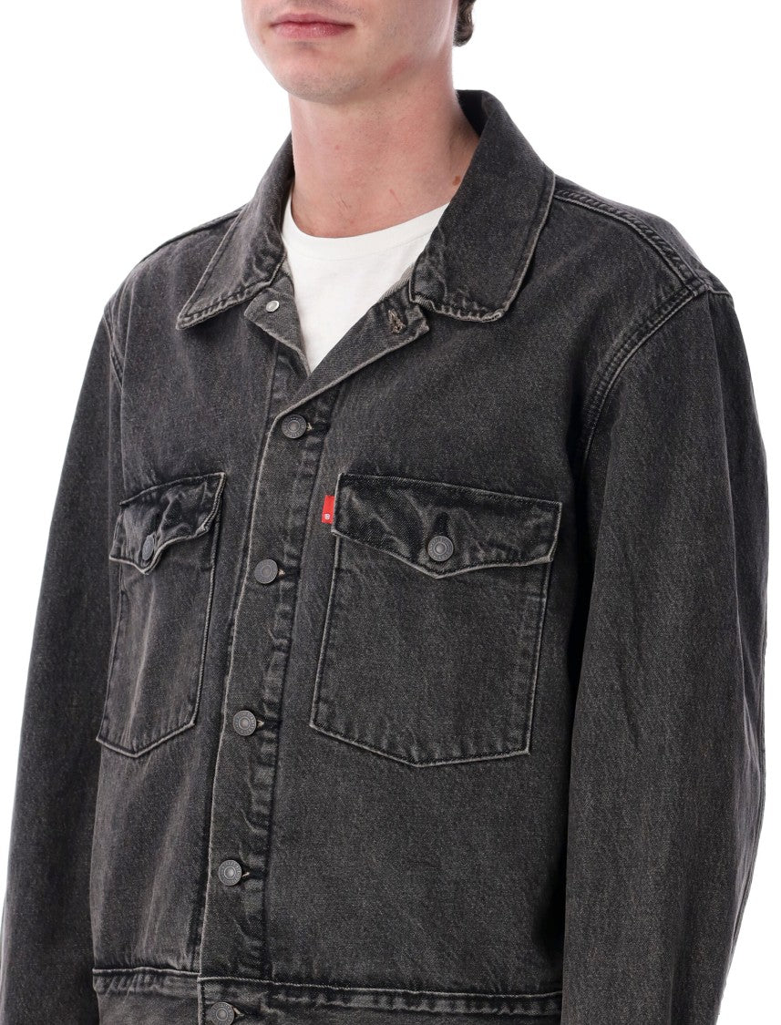 Levi's Washed Black Denim Trucker Jacket With Flap Pockets And Classic Fit