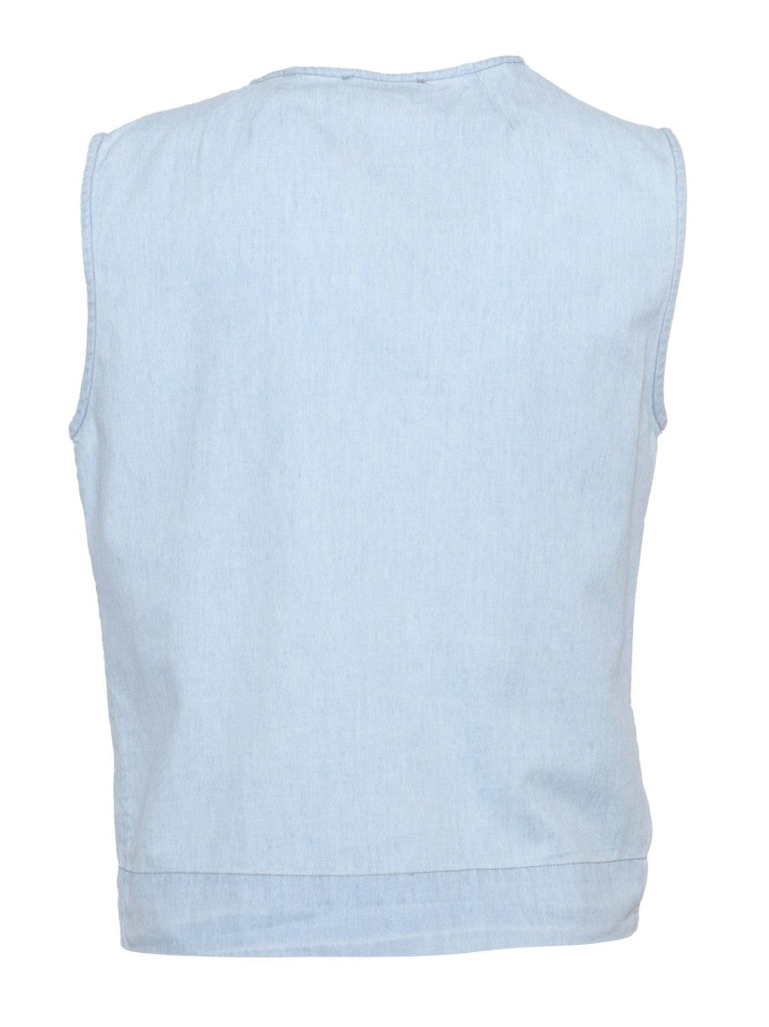 Mazzarelli Camicie Sleeveless Denim Blouse With Ruffle Detail