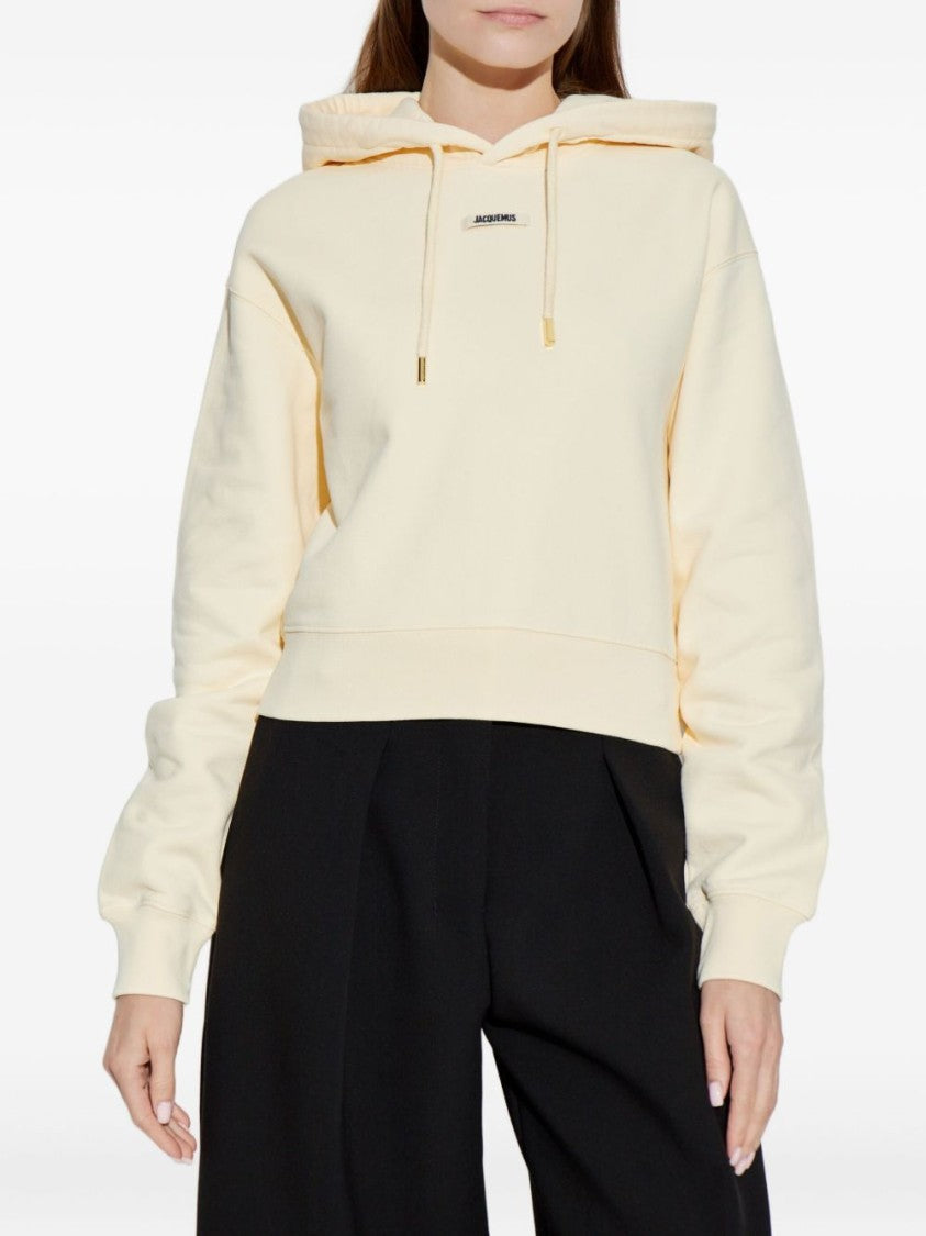 Jacquemus Cropped Beige Sweatshirt With Hood And Logo Patch