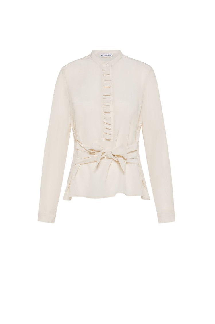 Attic And Barn White Ruffle Detail Tied Belt Blouse