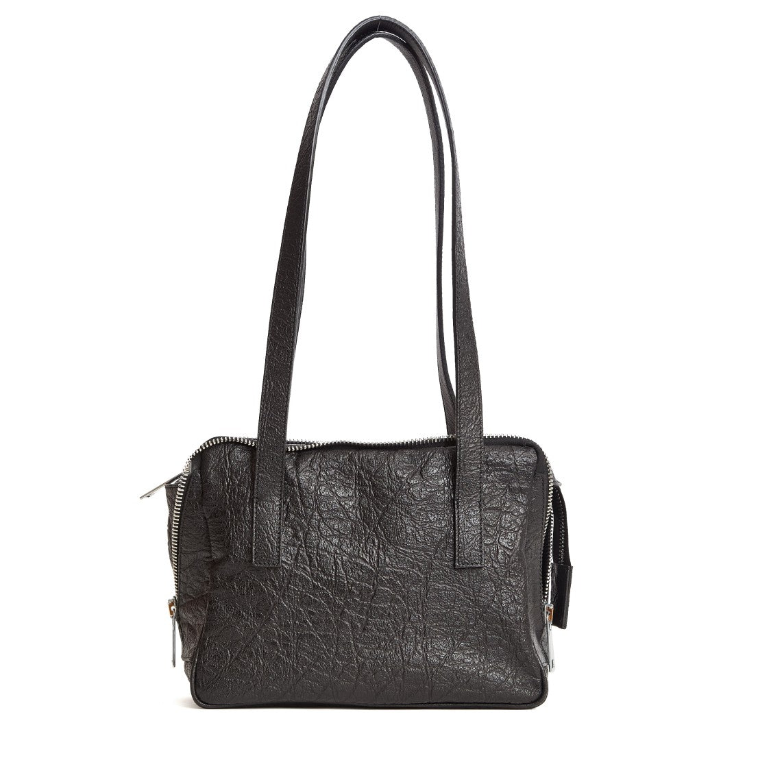 Amine Crinkled Leather Small Shoulder Bag With Double Zip Closure