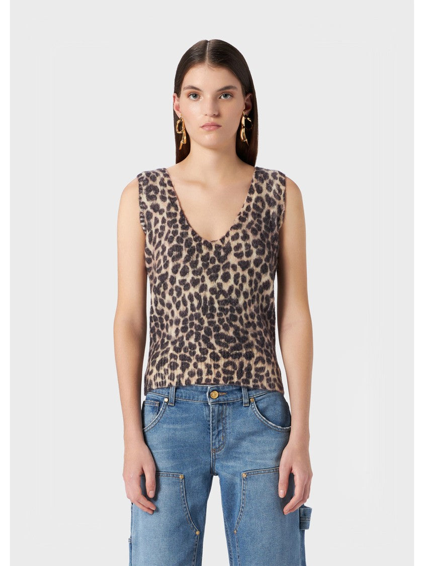 Blumarine Sleeveless Alpaca Blend Leopard Print Top