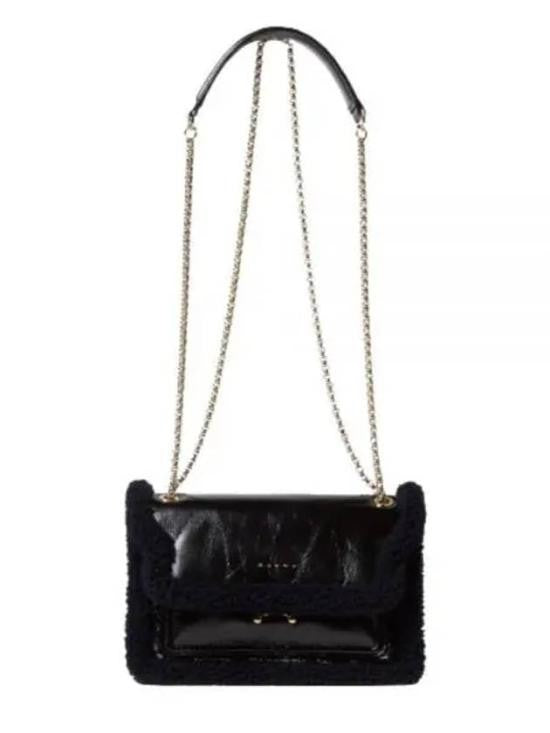 Marni Glossy Leather Shoulder Bag With Shearling Trim