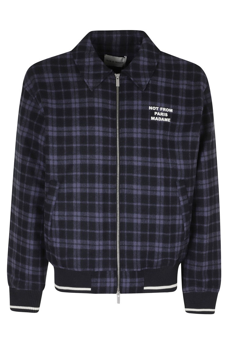 Drôle De Monsieur Blue Checkered Flannel Slogan Wool Bomber Jacket