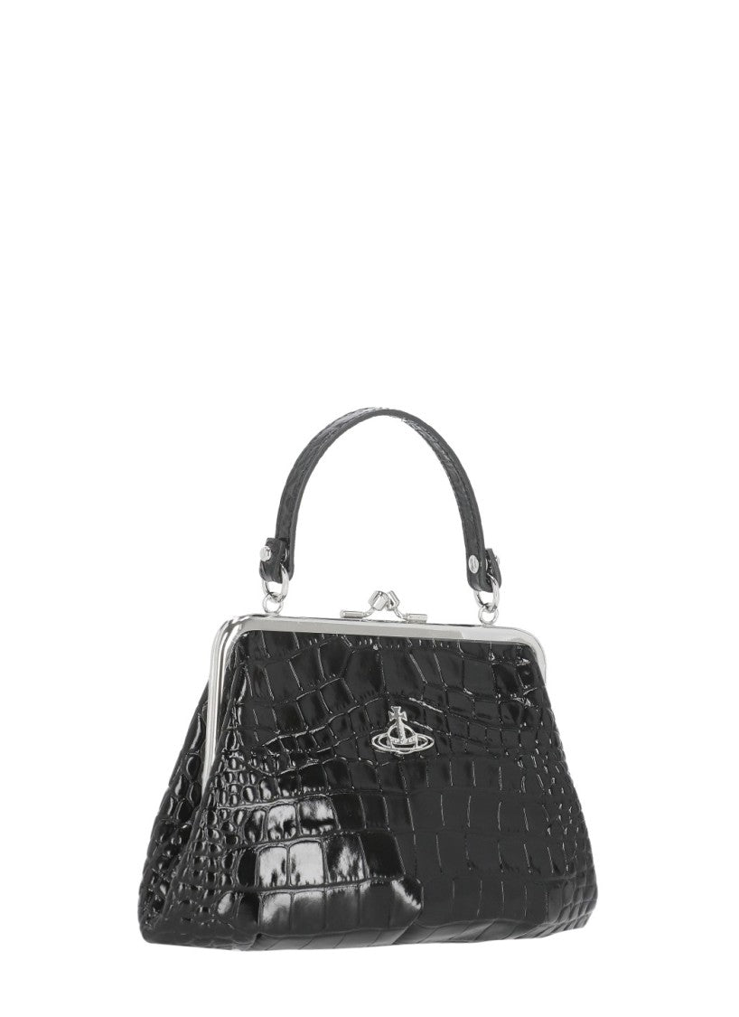 Vivienne Westwood Granny Frame Black Crocodile Handbag With Metal Logo And Chain Strap