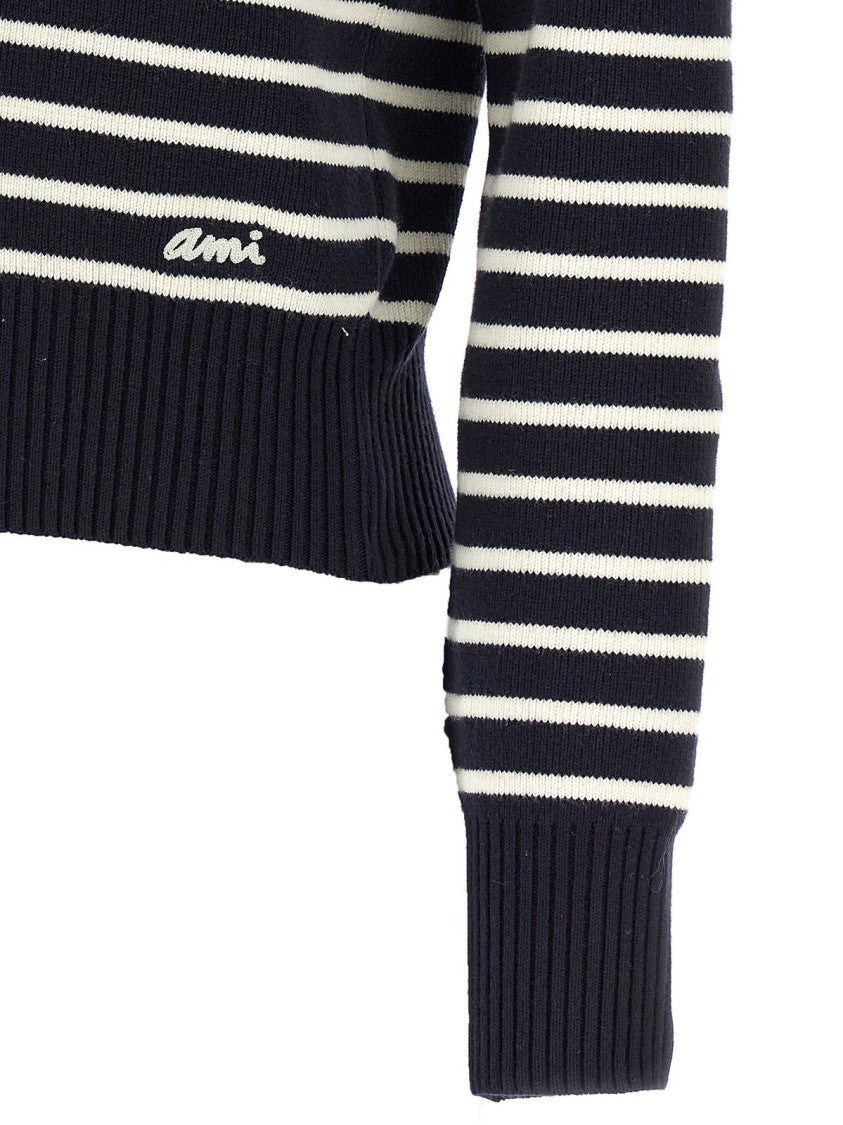 Ami Cropped Cardigan With Contrasting Horizontal Stripes And Gold-Tone Buttons