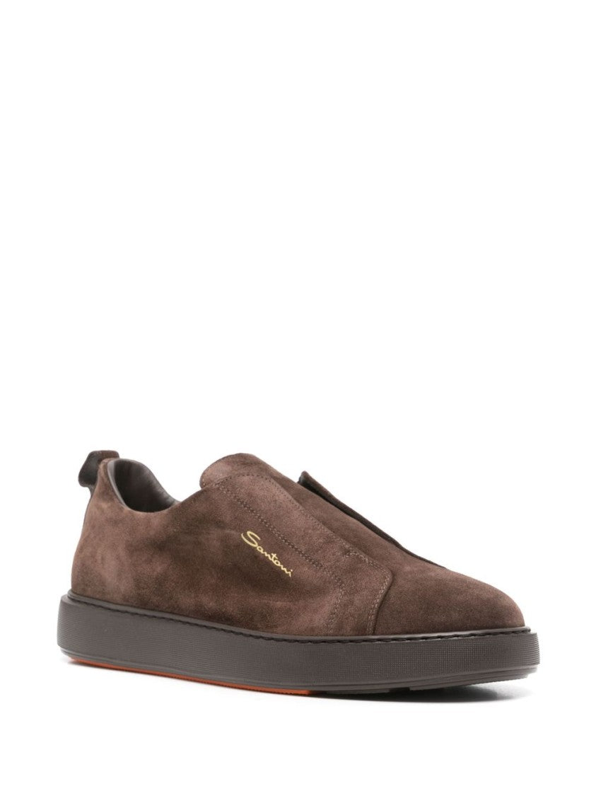 Santoni Coffee Brown Calf Suede Slip-On Sneakers
