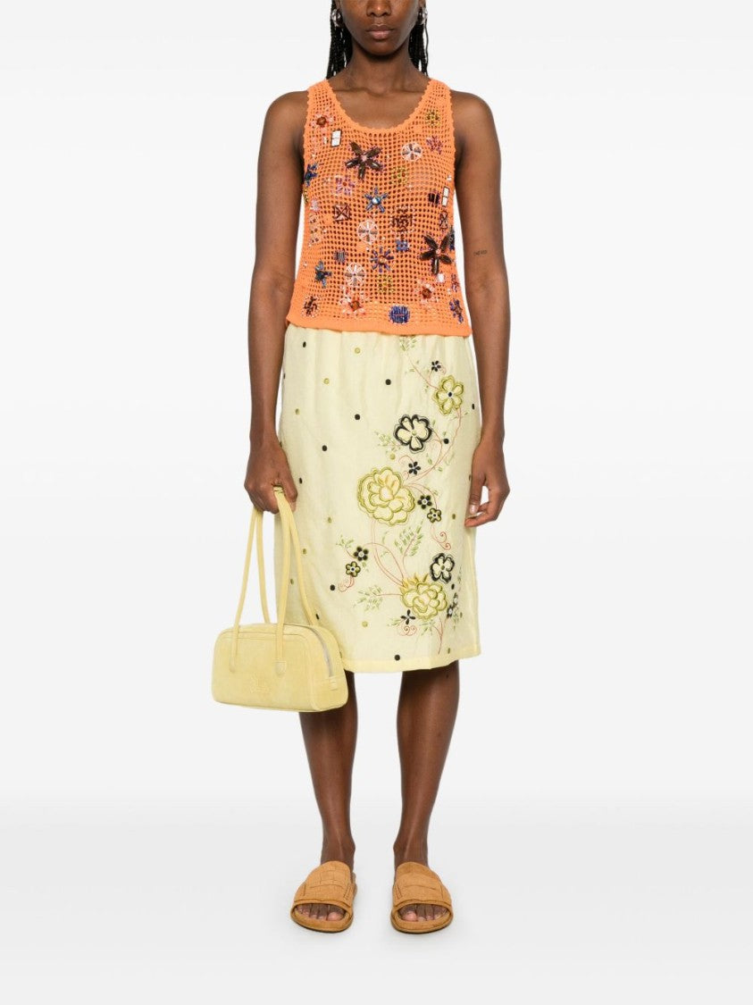 Kenzo Light Yellow Floral Embroidered Straight Skirt