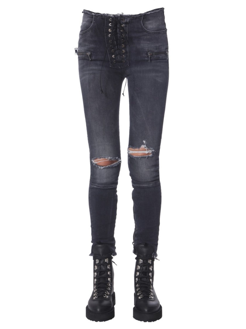 Unravel Project Distressed Black Lace-Up Skinny Fit Jeans