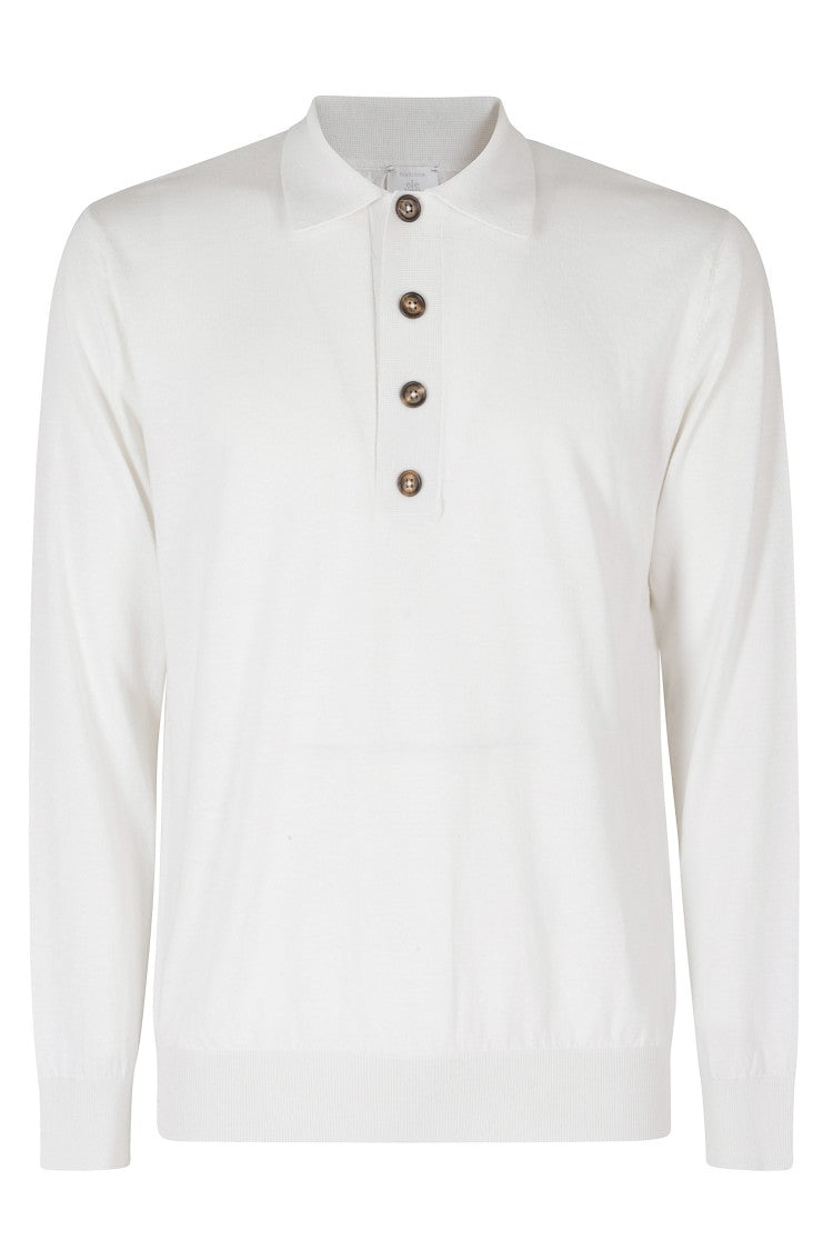 Eleventy White Long Sleeve Cotton-Cashmere Polo Shirt