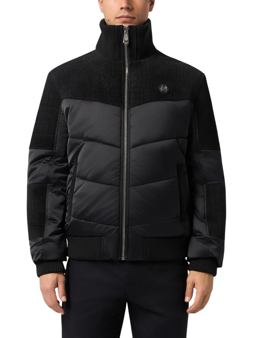 Philipp Plein Matte Nylon Puffer Jacket Textured Panel Canvas Down Jacket