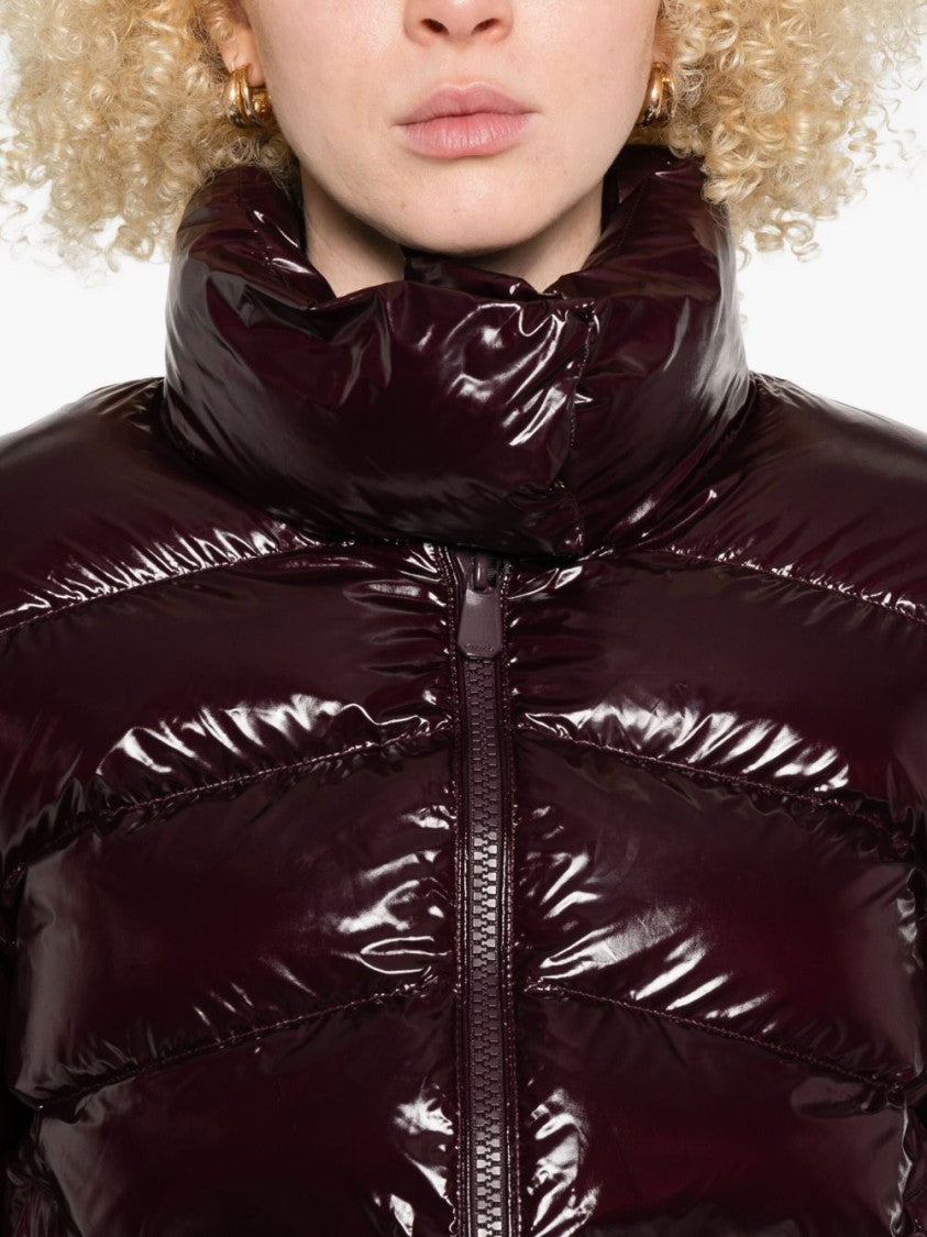 Pinko Cropped High Collar Burgundy Coat With Glossy Finish