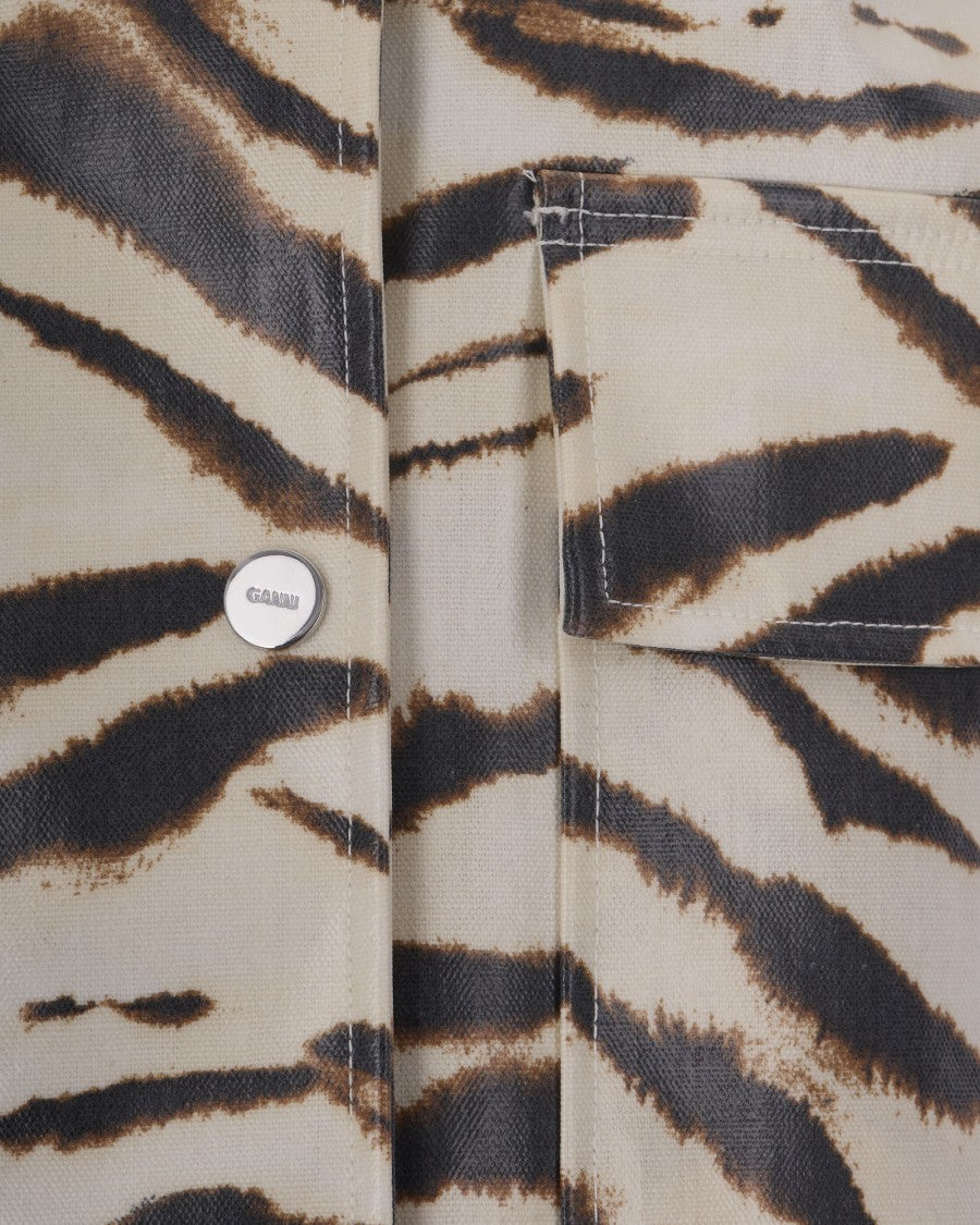 Ganni Cropped Zebra Print Laminated Jacket With Pleated Back