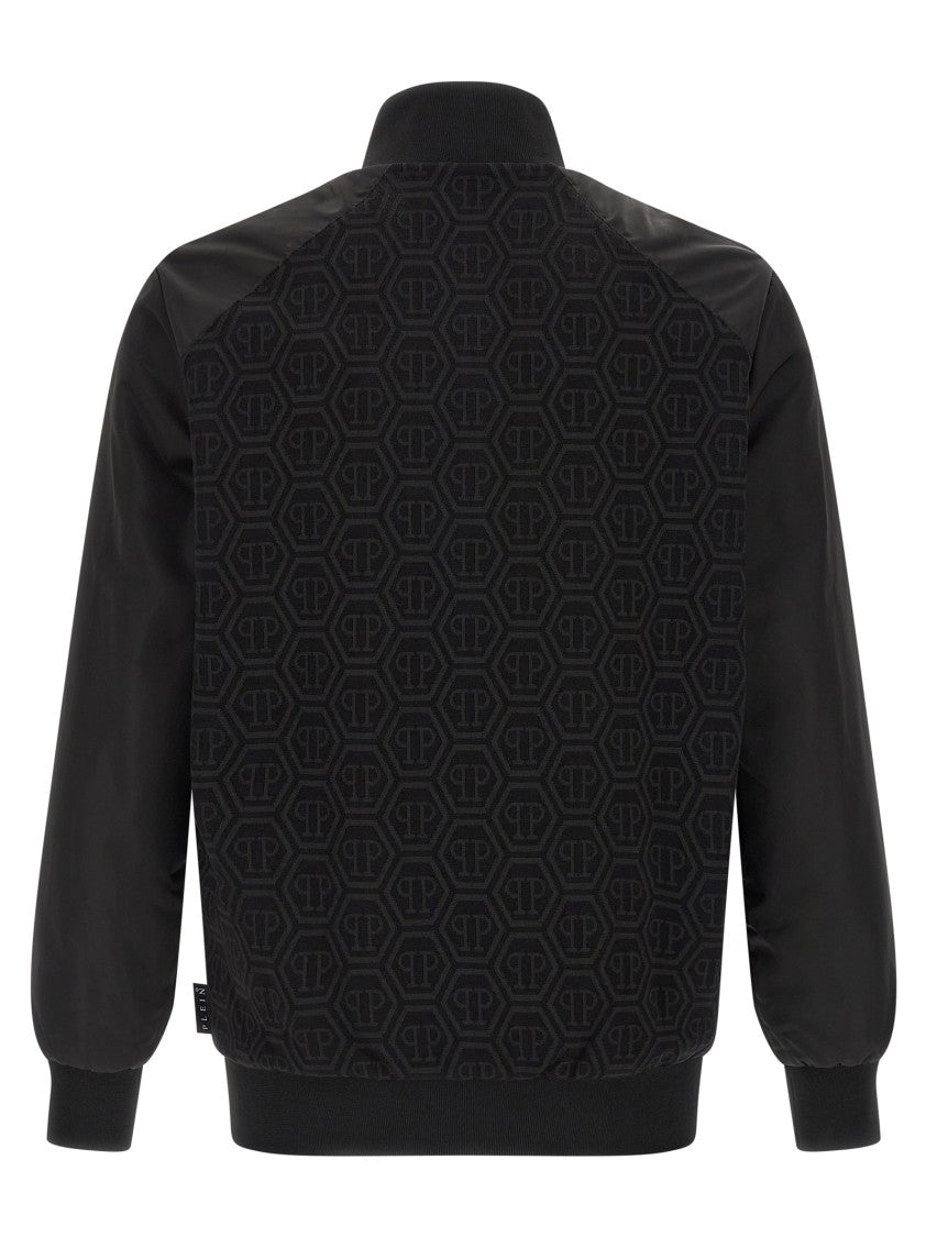 Philipp Plein Monogram Jacquard Cotton Sweatshirt With Technical Fabric And Hexagon Patch