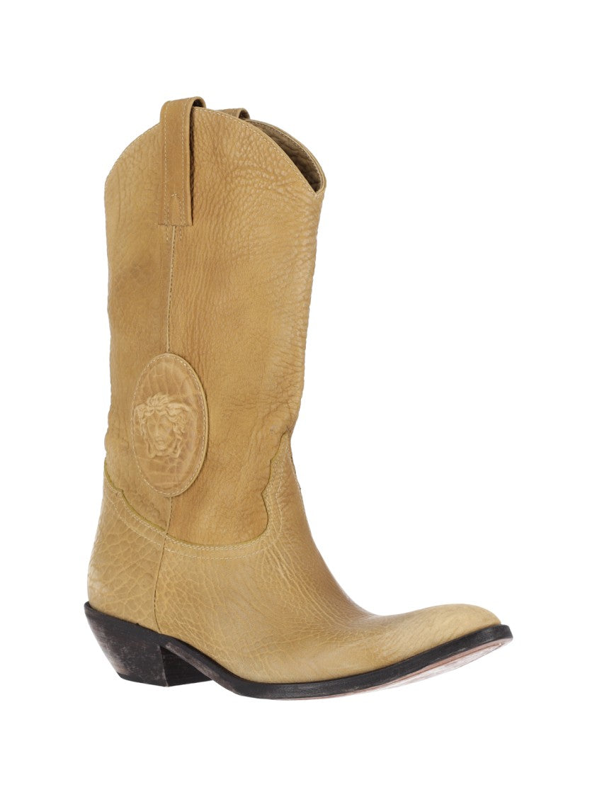 Versace Tan Mid-Calf Pointed Toe Boots
