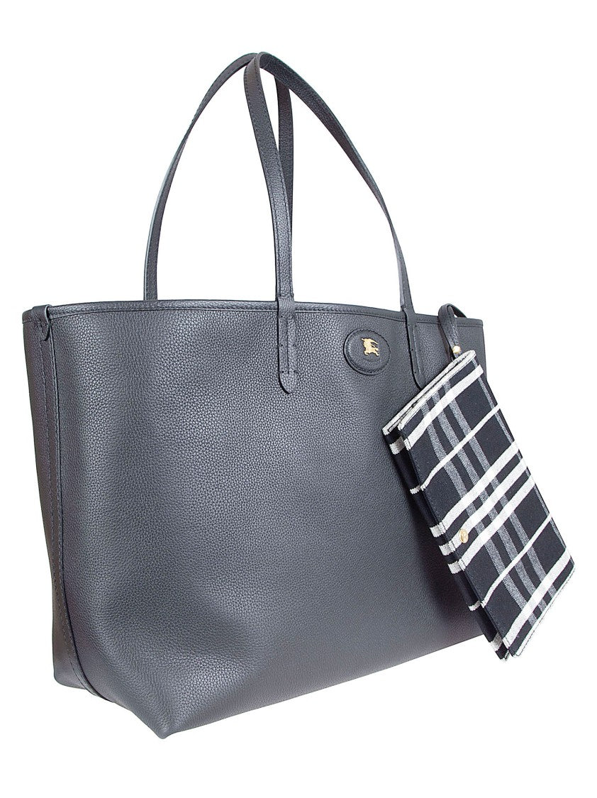 Burberry Reversible Black Calf Grain Leather Tote Bag With Equestrian Knight Emblem