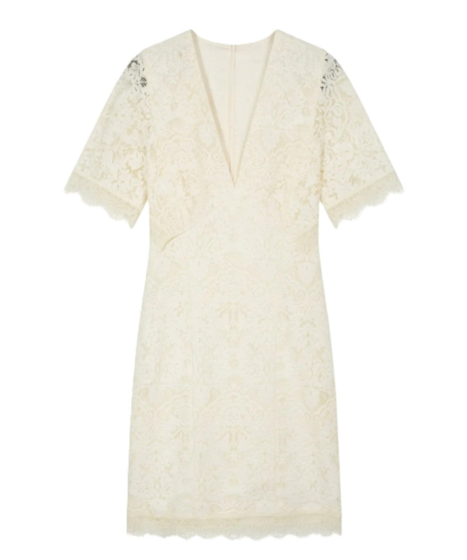 Twin-Set White Lace Overlay Midi Dress With Flutter Sleeves