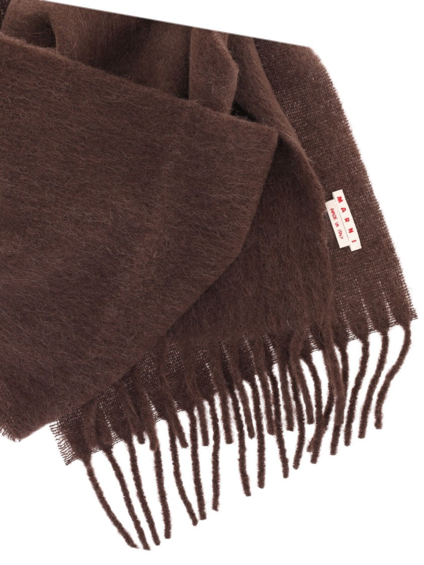 Marni Fringed Brown Alpaca Blend Scarf With Logo Tag