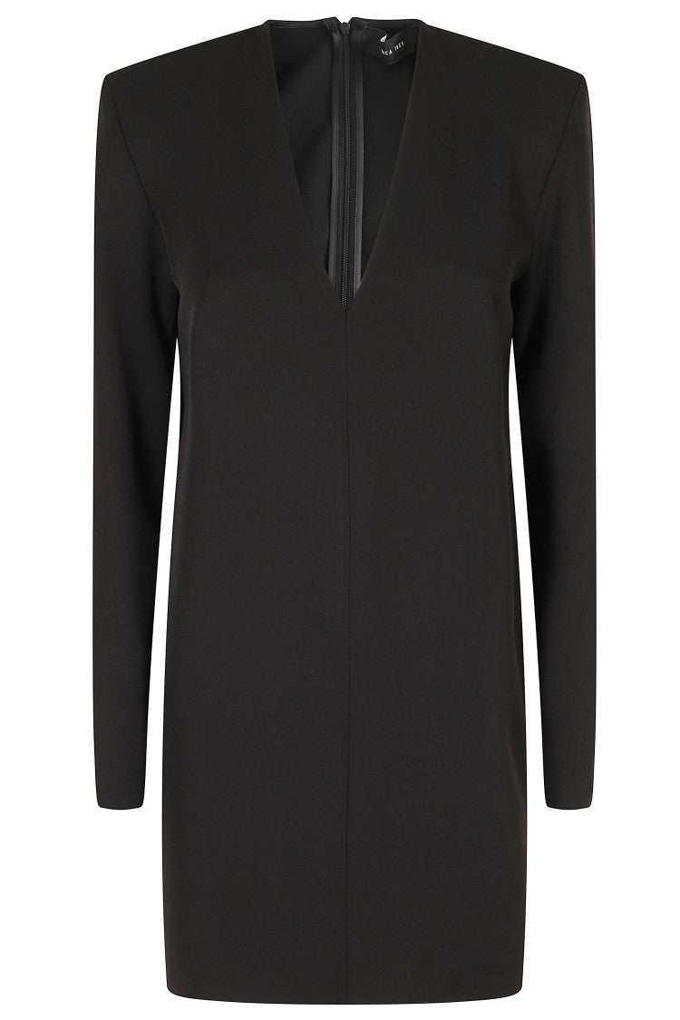 Federica Tosi Black Long Zip Sleeve V-Neck Cady Mini Dress