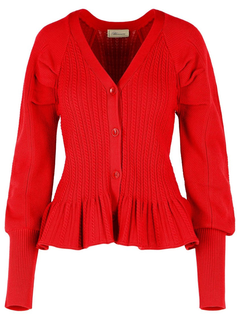 Blumarine Red Ribbed Ruffle-Hem Knit Cardigan