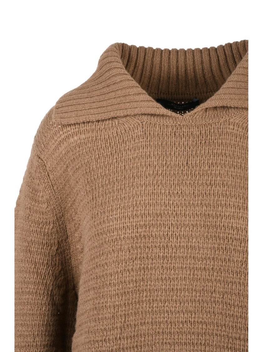 Max Mara Textured Knit Polo Sweater In Warm Brown Virgin Wool