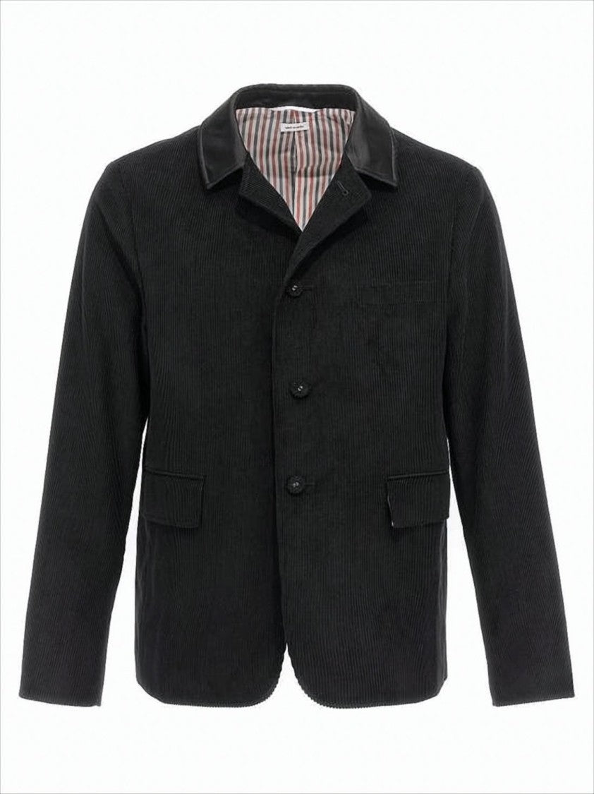Thom Browne Textured Corduroy Suit Jacket With Leather Detail