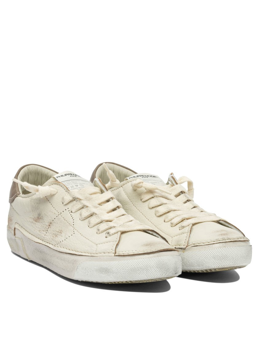 Philippe Model Paris Distressed Off-White Leather Sneakers With Brown Accents