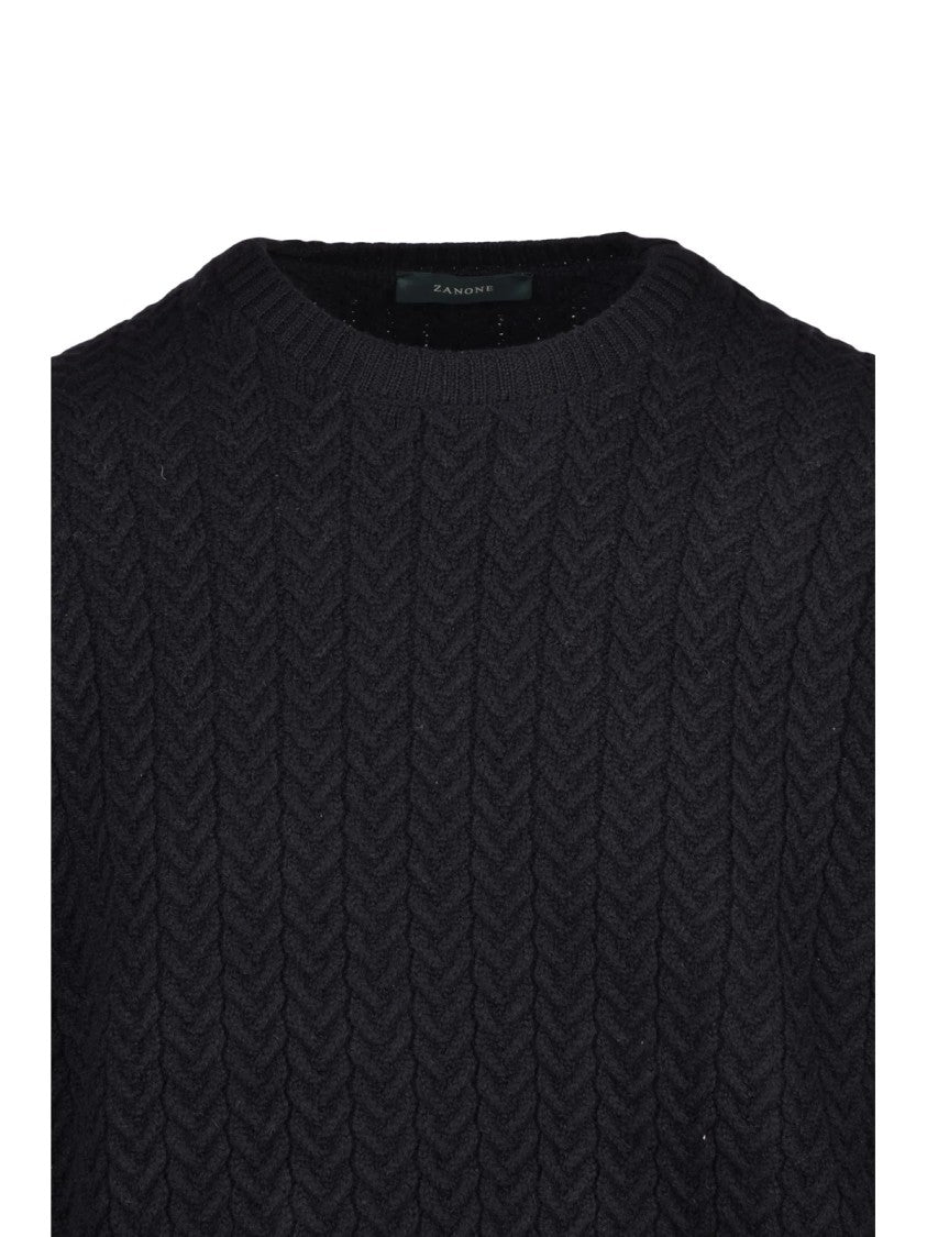 Zanone Black Cable Knit Virgin Wool Crewneck Sweater