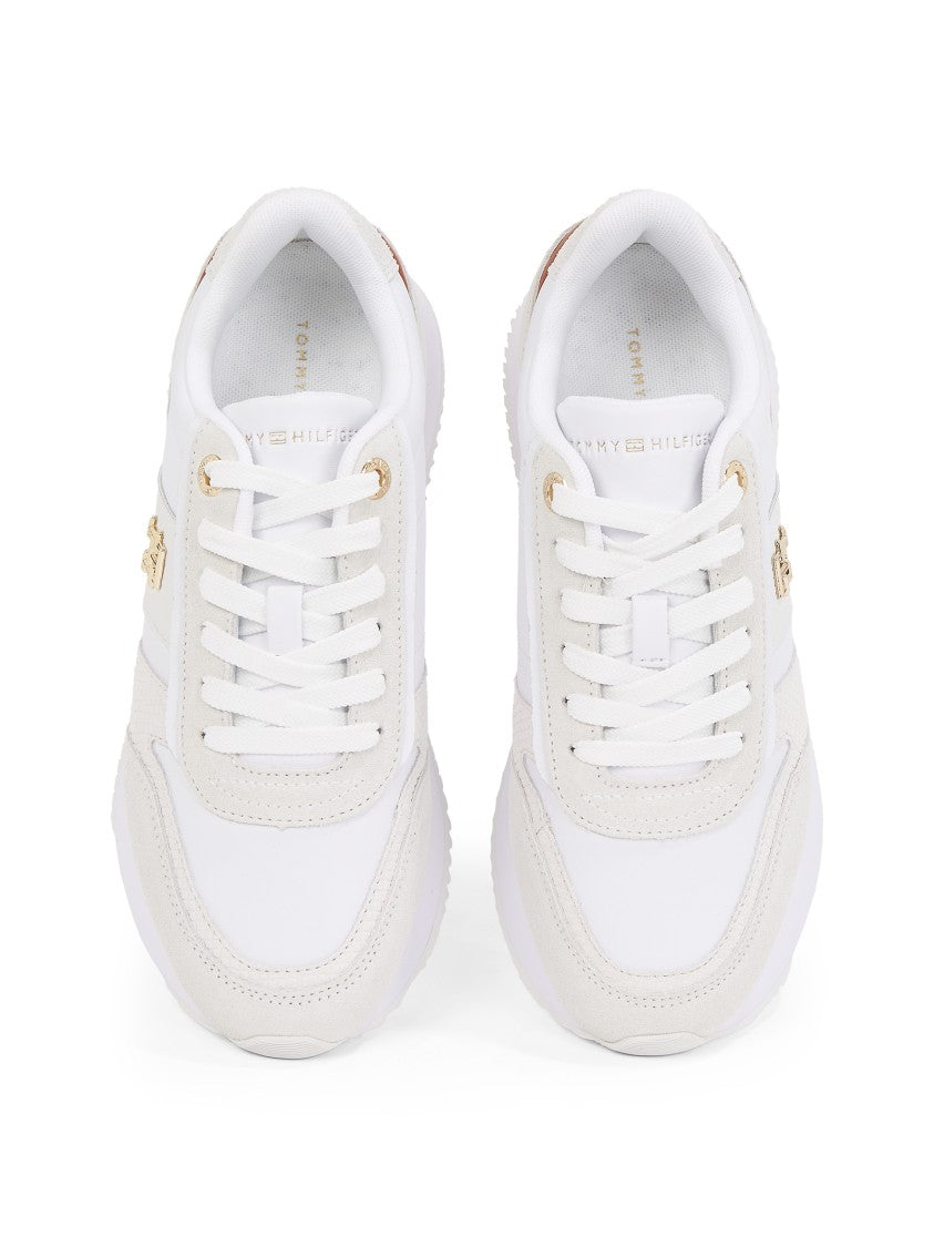 Tommy Hilfiger White Leather Sneakers With Suede Details And Gold Accents