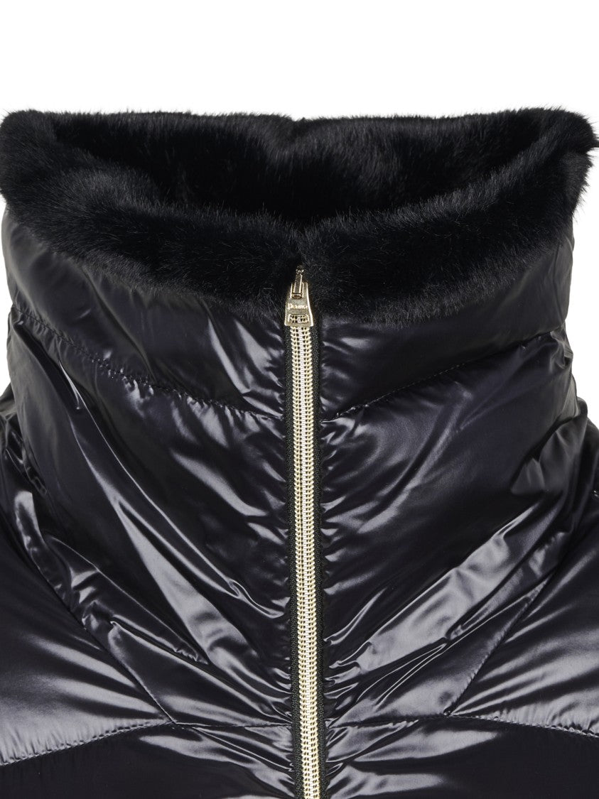 Herno Glossy Quilted Short Coat With Plush Collar And Metallic Details