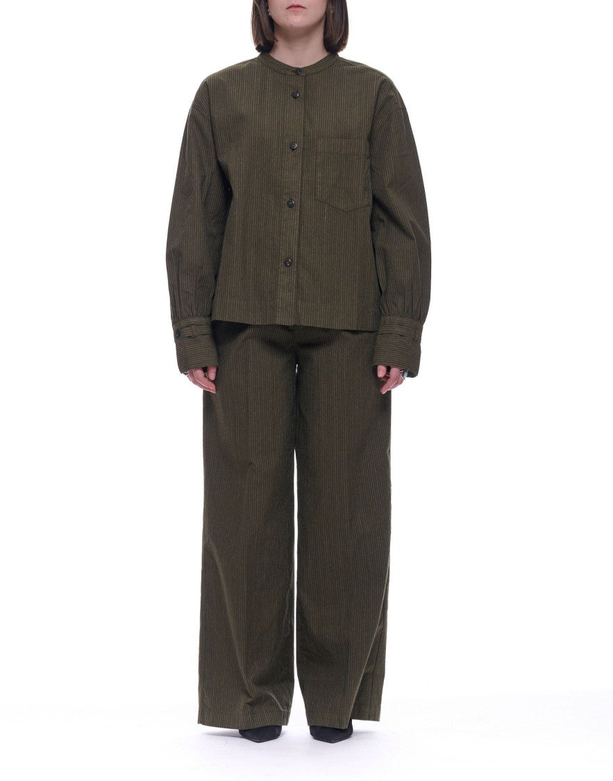 Pomandère Military Green Striped Cotton Loose-Fit Shirt
