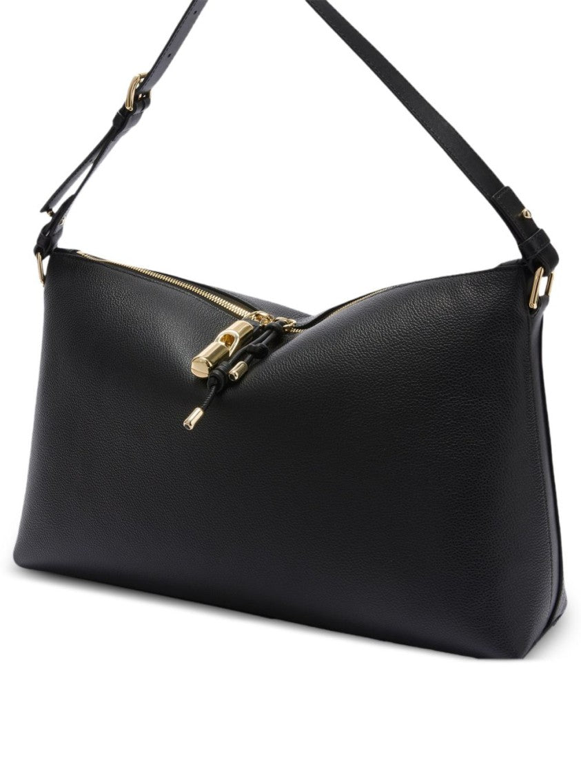 Furla Elongated Leather Handbag With Adjustable Strap And Gold Accents