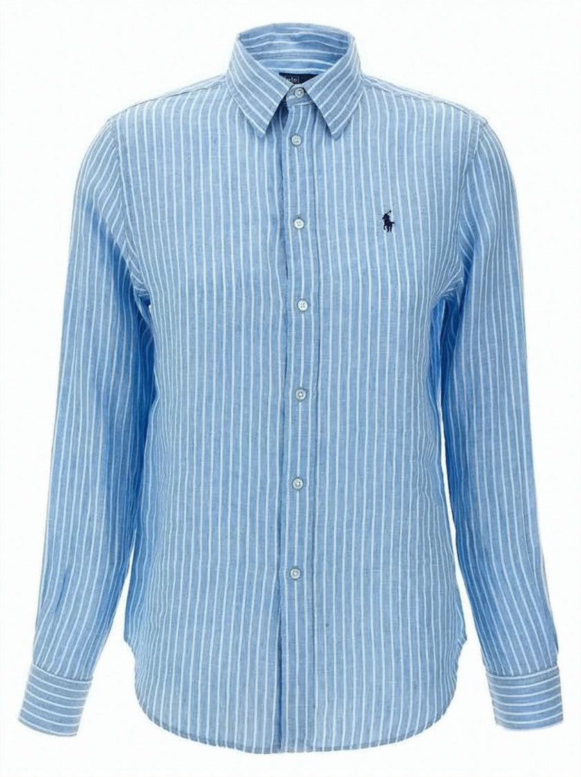 Polo Ralph Lauren Light Blue Vertical Striped Linen Shirt With Classic Collar