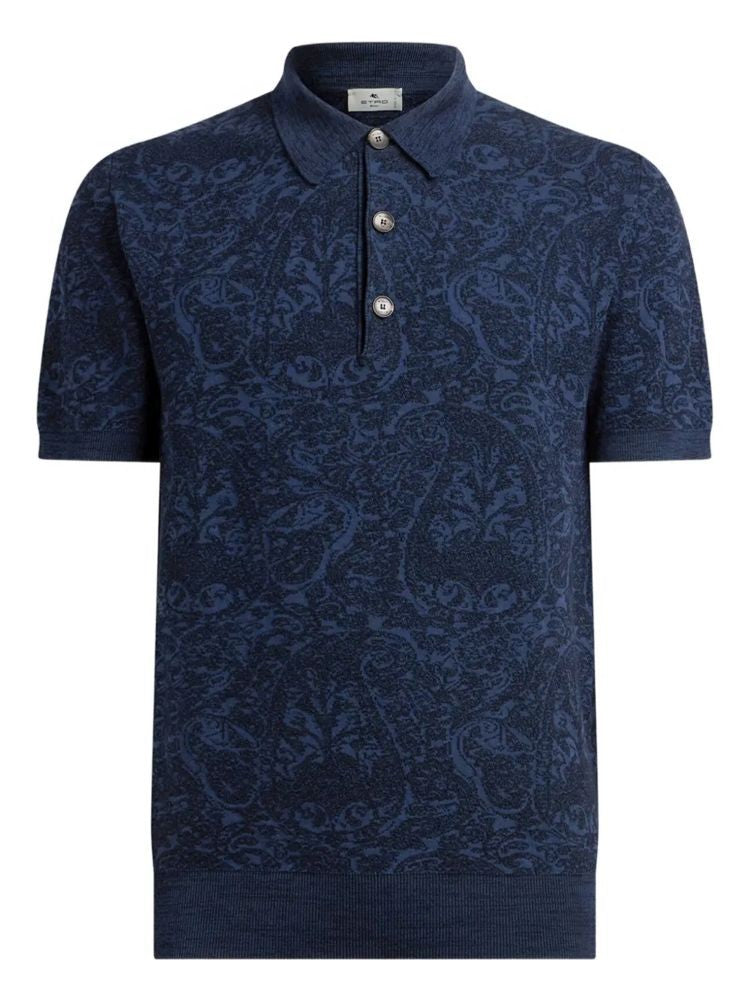 Etro Blue Textured Paisley Cotton-Blend Short-Sleeve Polo Shirt