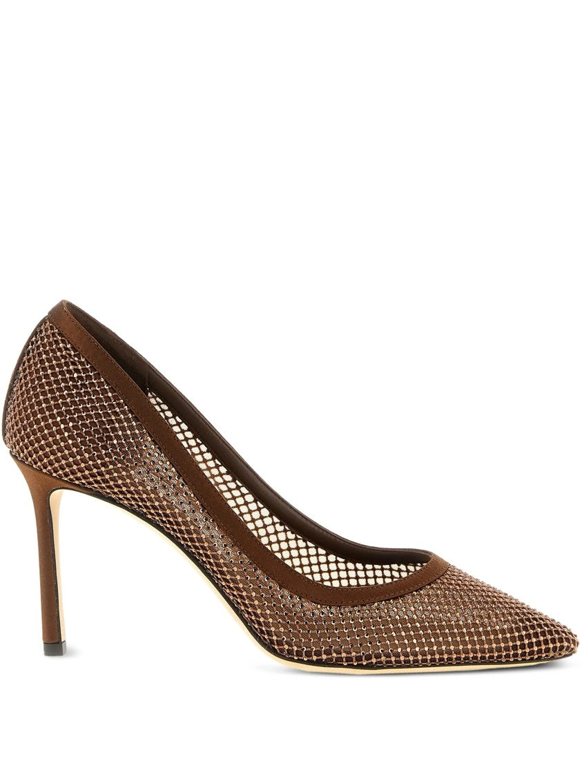 Jimmy Choo Brown Romy 85 Mesh Pointed Pumps