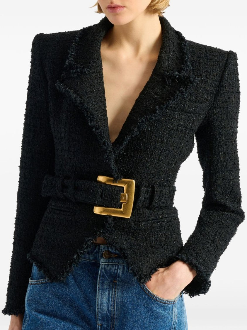 Balmain Tailored Black Tweed Jacket With Notched Lapel