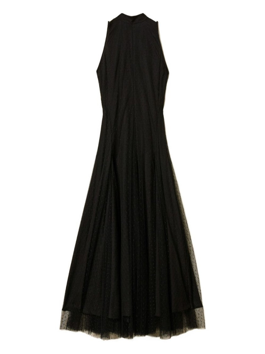 Twin-Set Sleeveless Black Maxi Dress With Tulle Overlay