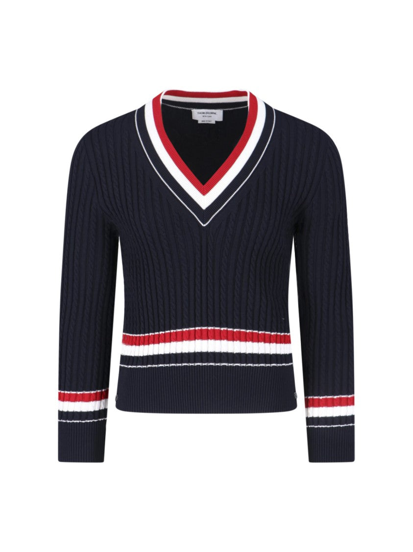 Thom Browne Navy Ribbed Cotton V-Neck Sweater