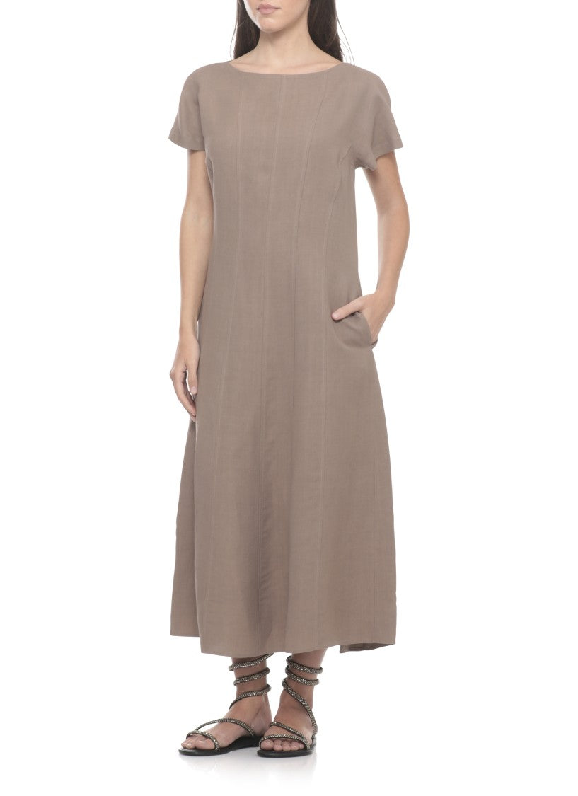 Antonelli Firenze Brown Silk Midi Dress With Flared Hem And Seam Detailing