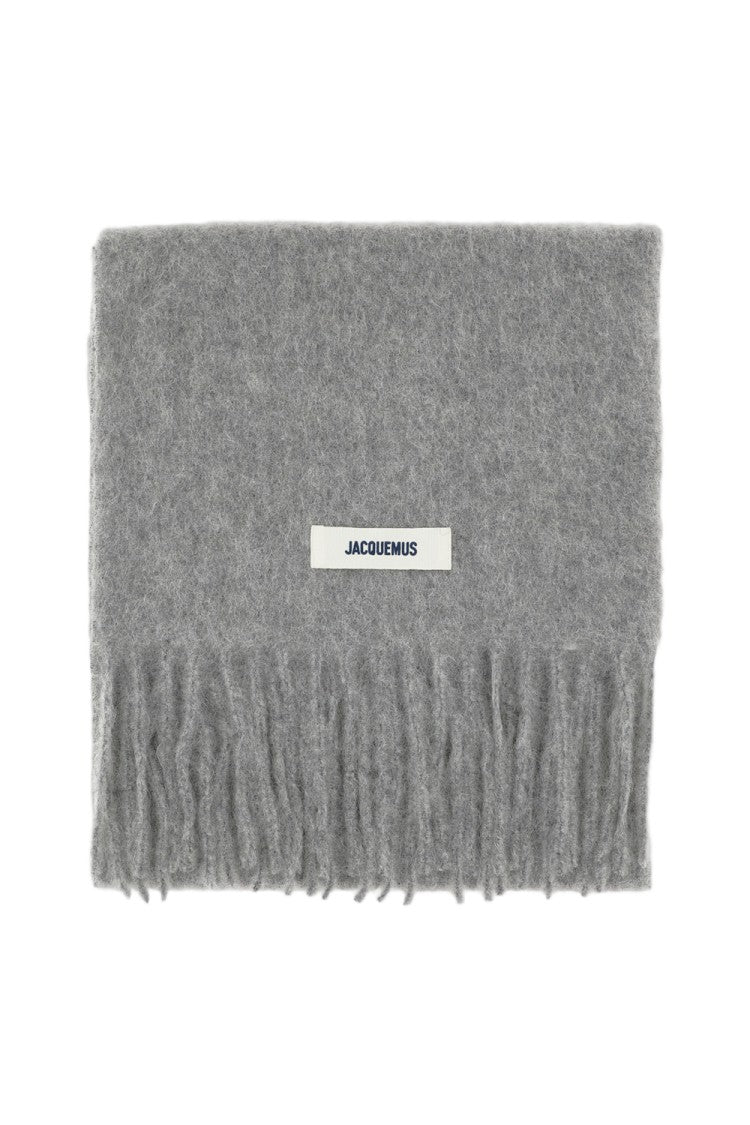 Jacquemus Fringed Grey Wool Blend Scarf With Embroidered Logo