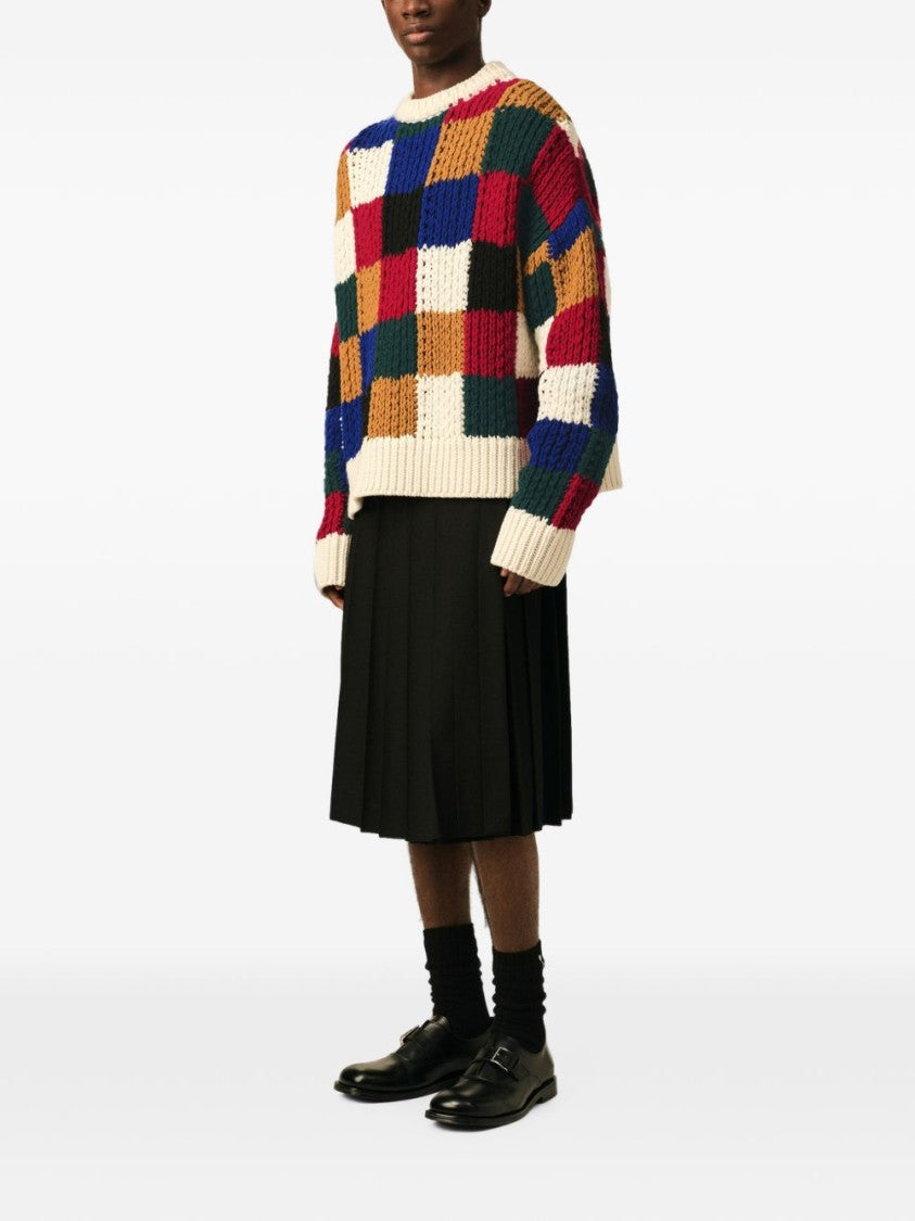 Ami Paris Chunky Knit Sweater With Bold Checkered Pattern
