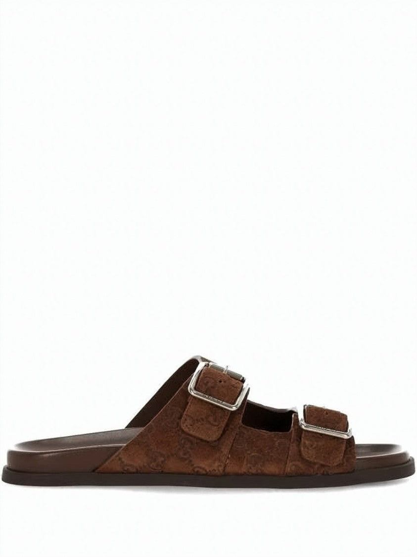 Gucci Suede Slide Sandals With Adjustable Silver Buckles