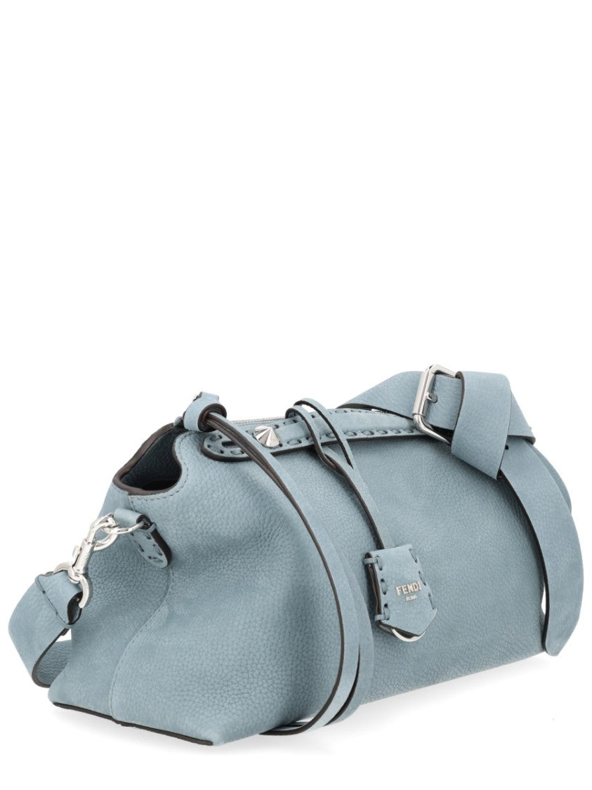 Fendi Structured Blue Leather Bag With Adjustable Strap And Silver-Tone Hardware
