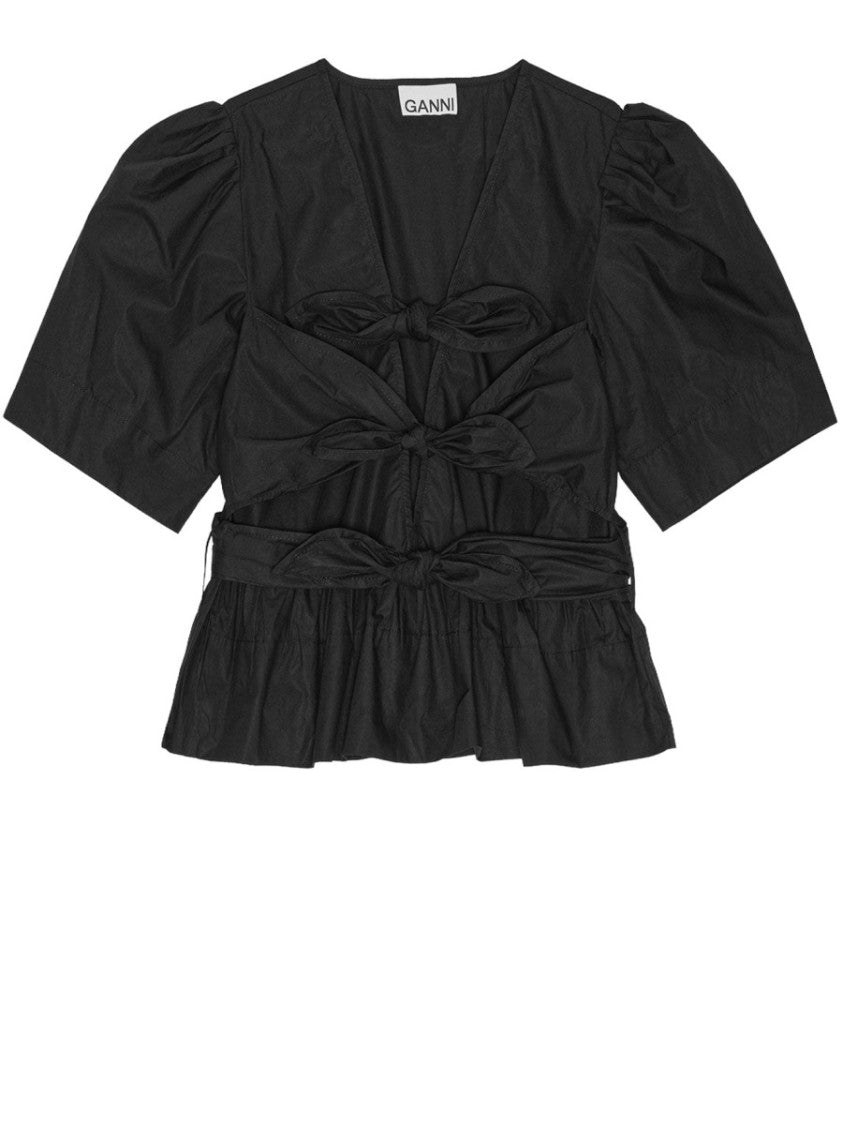 Ganni Neutrals Puffed Sleeves Ribbon Tie Top