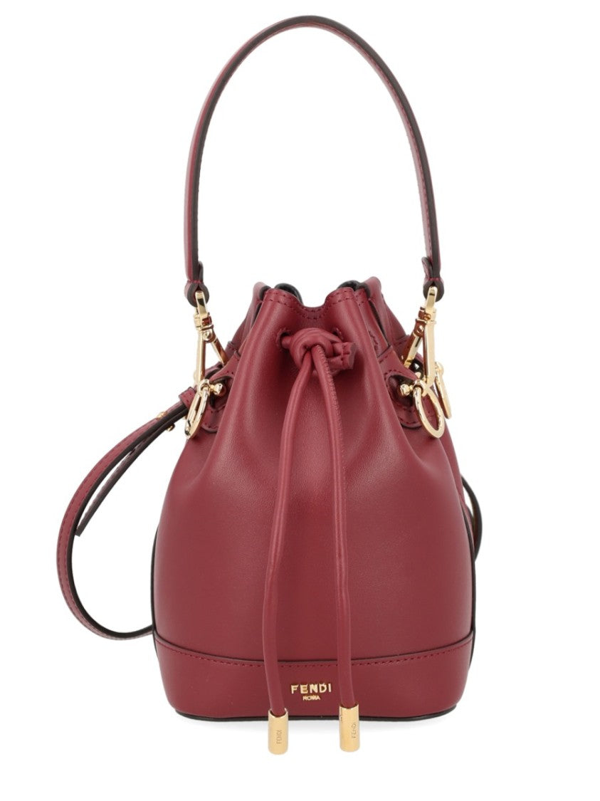 Fendi Compact Burgundy Leather Bucket Bag With Gold Hardware Accents